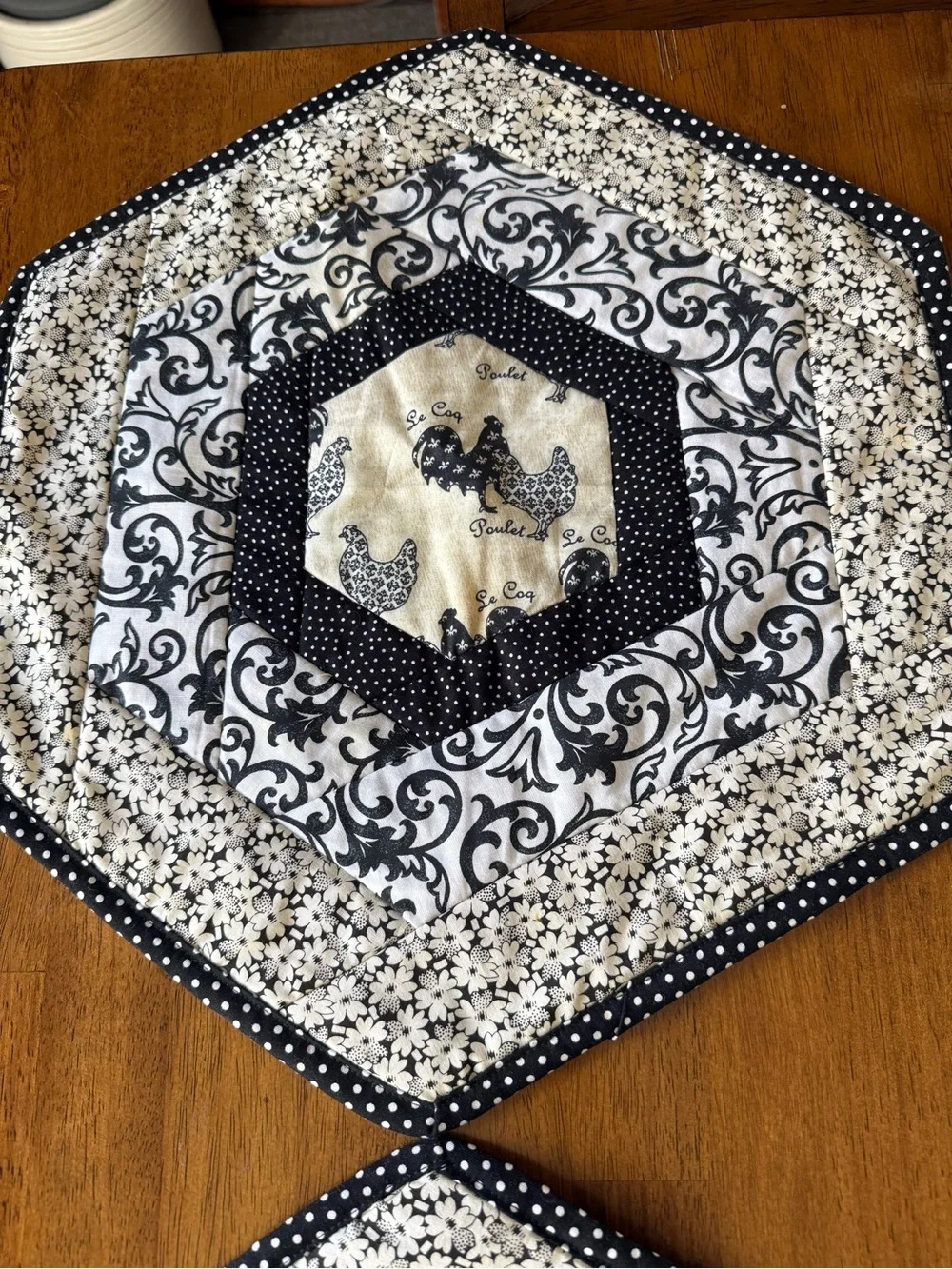 Vintage black white Quilted Chicken Print fabric Table place Mats (set of 3)